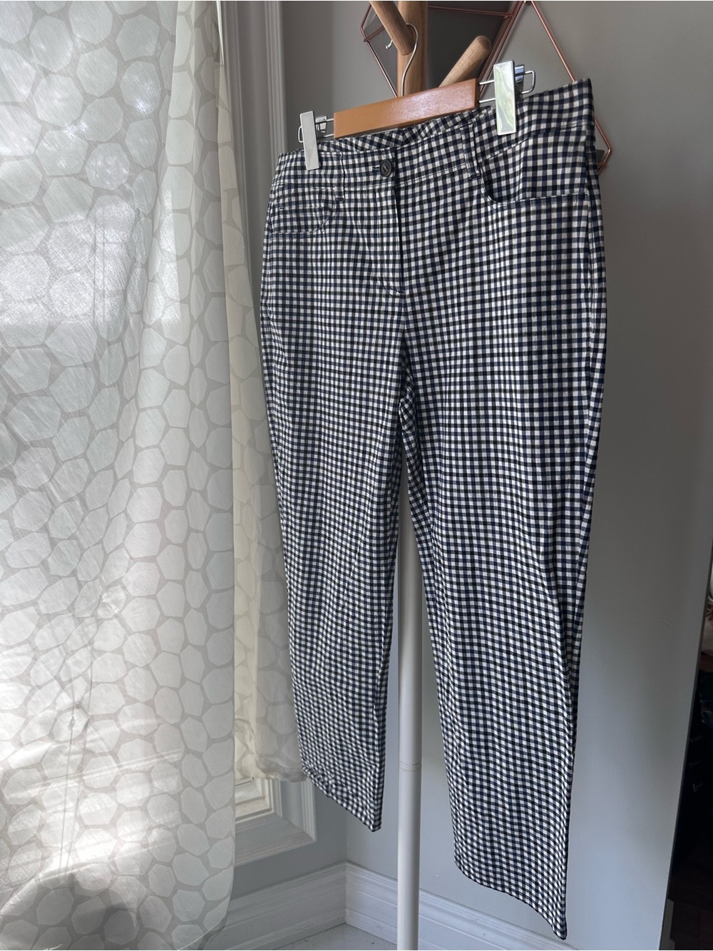THEORY Black Navy Blue White Gingham Trousers Cotton Pants Straight Leg Size 10